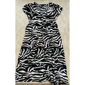 Ellen Tracy Midi Zebra Stripe Palmetto Dress Black White Brown Coastal Resort S